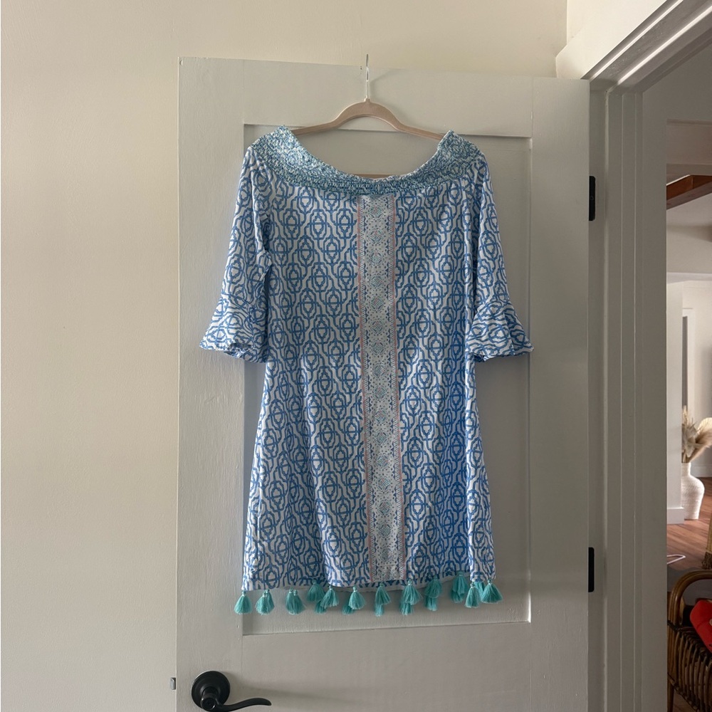 Cabana Life Off the Shoulder Patterned Tassel Hem Dress - Women